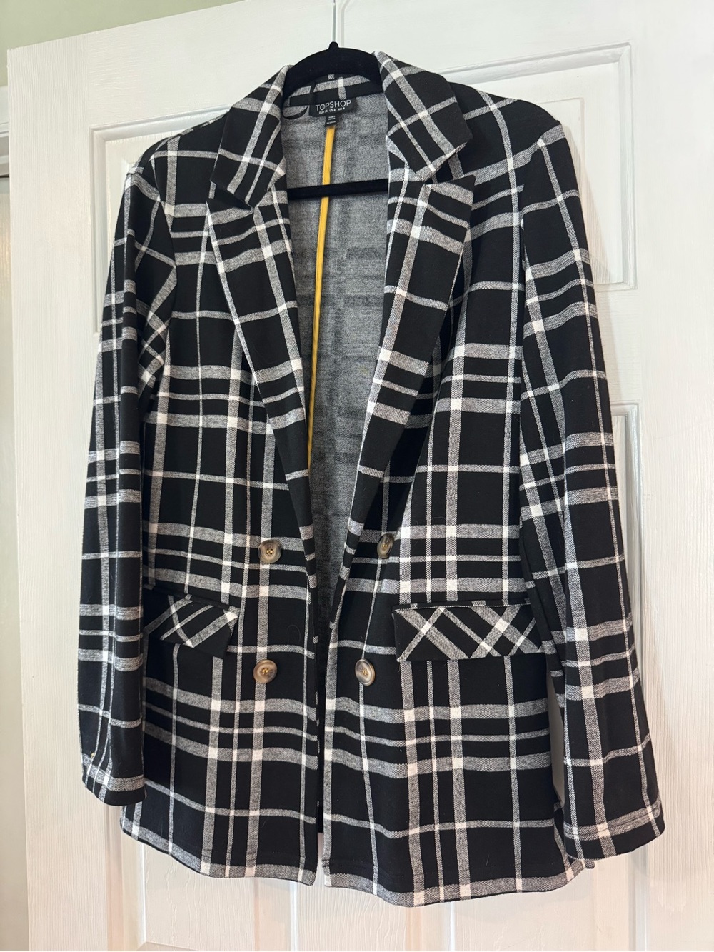 Topshop Black & White Windowpane Double-Breasted Blazer